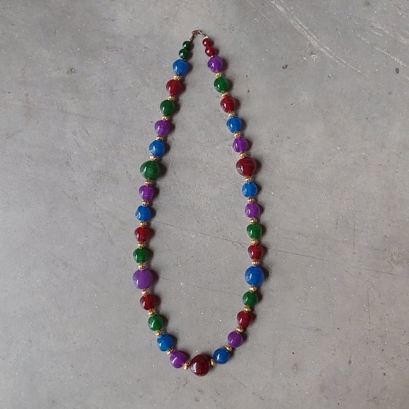 Vintage Blue Red Green Purple Beaded Necklace - Picture 2 of 9